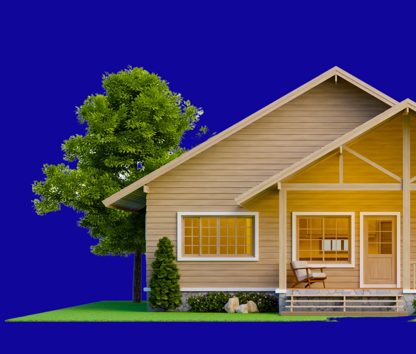 Wooden house with porch and tree