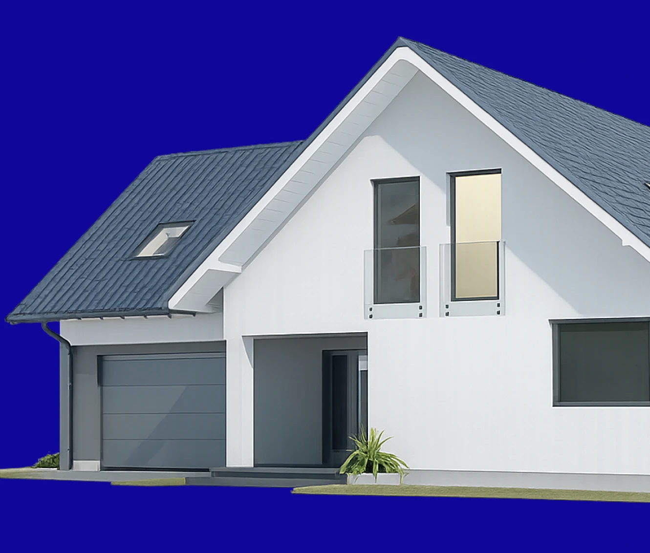 Modern white house with blue roof